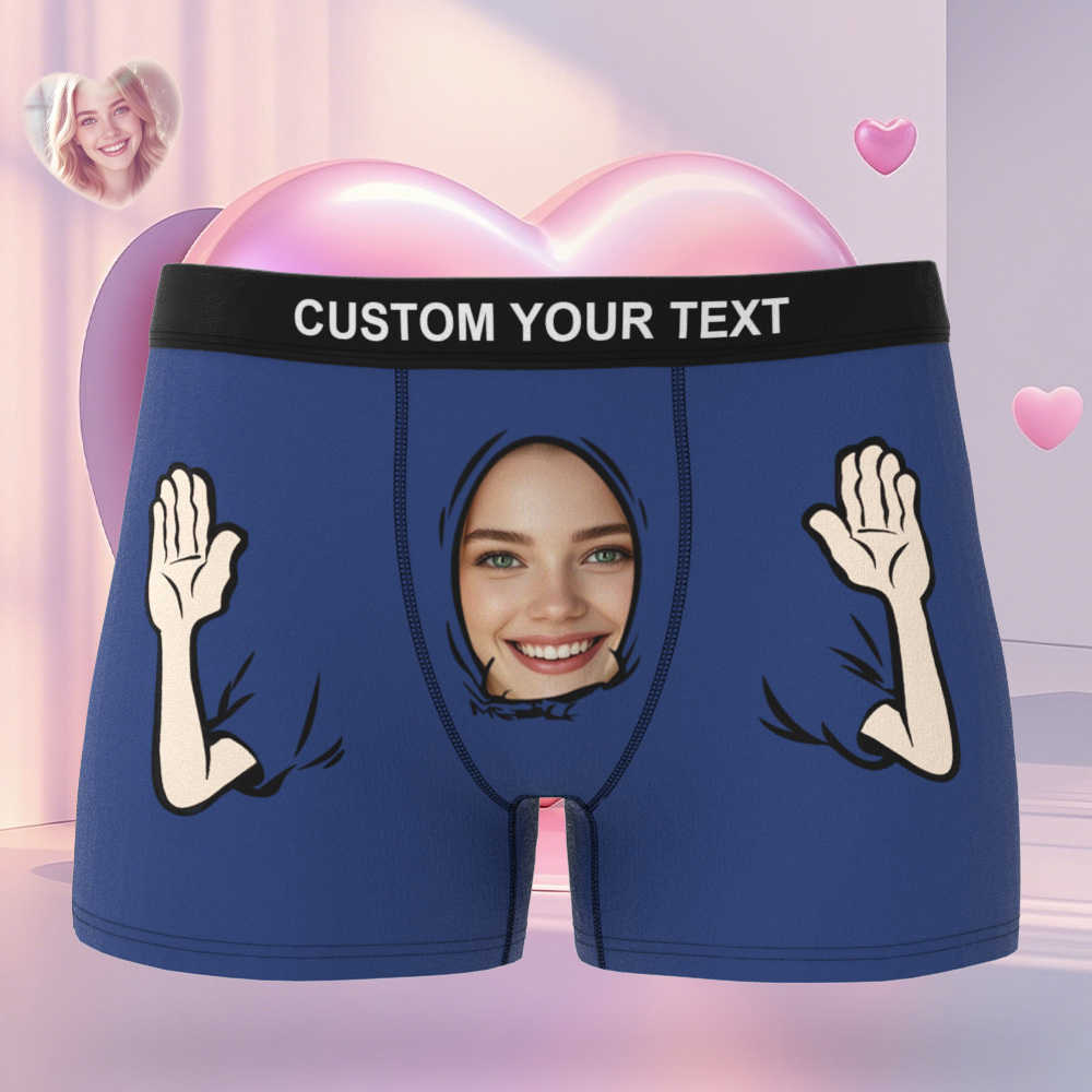 カスタムフェイス メンズ ボクサー ブルー 下着 夫へのギフト I Love You ハート メンズ フェイス ボクサー - FaceBoxer