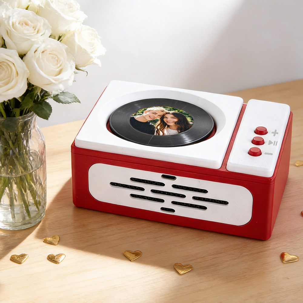 オリジナル写真と曲が入ったパーソナライズされたミニレコードプレーヤー - ユニークな音楽クリスマスギフト - FaceBoxer