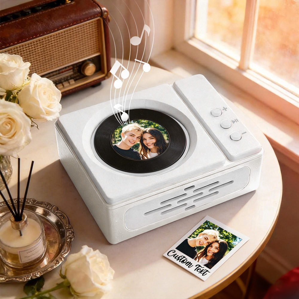 オリジナル写真と曲が入ったパーソナライズされたミニレコードプレーヤー - ユニークな音楽クリスマスギフト - FaceBoxer