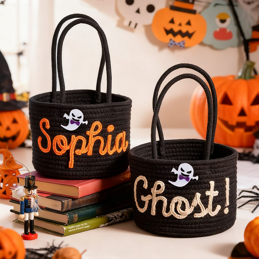 パーソナライズされたハロウィンコットンバスケット,カスタムネーム,トリックオアトリートバッグ,カスタムベビーシャワーネームバスケット,おもちゃ収納,保育園ギフト,ペットバスケット - FaceBoxer