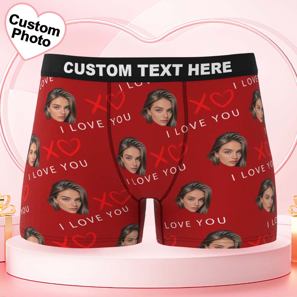バレンタインデーギフト カスタムフェイス メンズ下着 I Love You Xoxo パーソナライズ ボクサーブリーフ 彼へのギフト ウエストバンド テキストボクサー - FaceBoxer