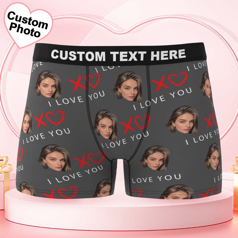 バレンタインデーギフト カスタムフェイス メンズ下着 I Love You Xoxo パーソナライズ ボクサーブリーフ 彼へのギフト ウエストバンド テキストボクサー - FaceBoxer