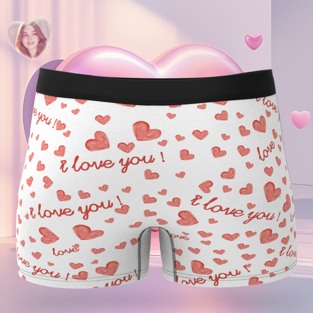 カスタムフェイス メンズ ボクサー ブルー 下着 夫へのギフト I Love You ハート メンズ フェイス ボクサー - FaceBoxer