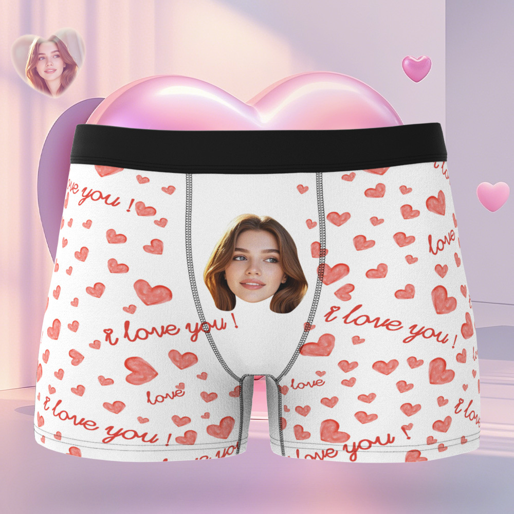 カスタムフェイス メンズ ボクサー ブルー 下着 夫へのギフト I Love You ハート メンズ フェイス ボクサー - FaceBoxer