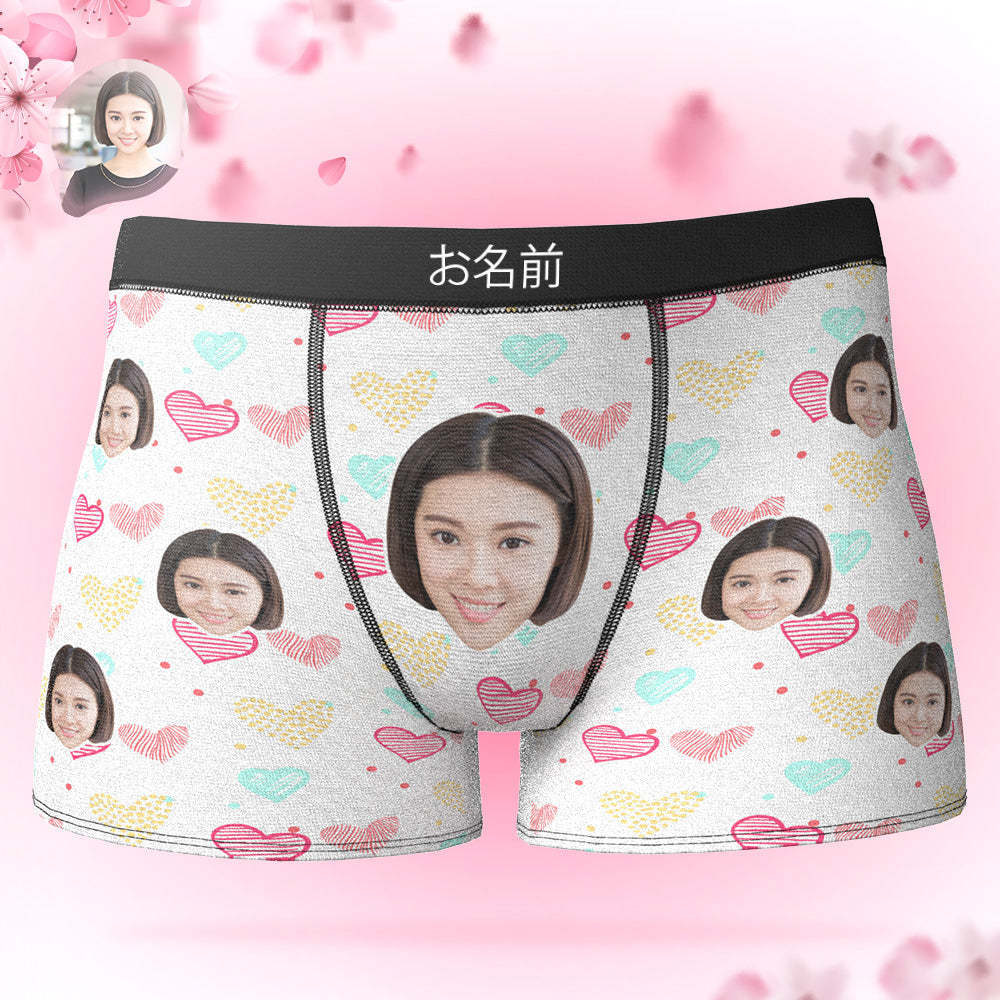 カスタムフォトボクサーパンツ-写真とテキスト入り可能なハートだらけ柄の下着彼氏や旦那へのバレンタインギフト