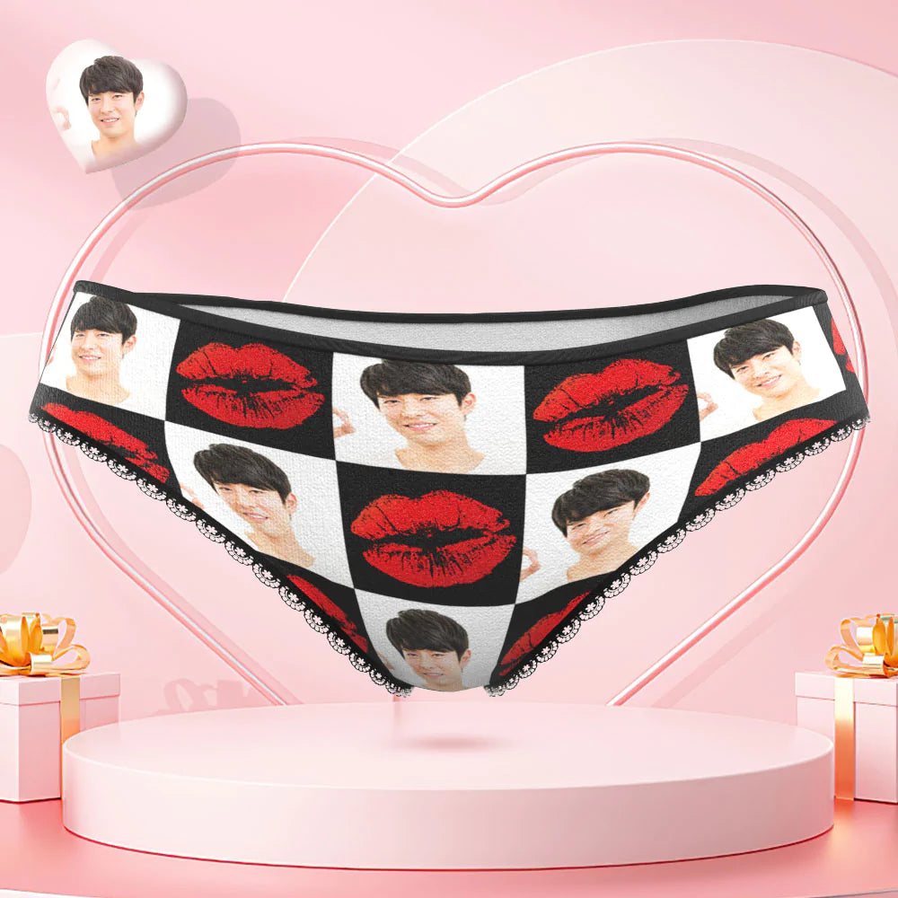 カスタムフォトパンティー-写真入れ可能なオリジナルバレンタインプレゼント女性用下着-赤い唇柄