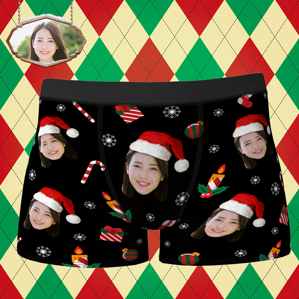 カスタム男性ボクサー-パーソナライズされた下着-写真入れ可能なキャンドルとギフト柄ボクサークリスマスのギフト