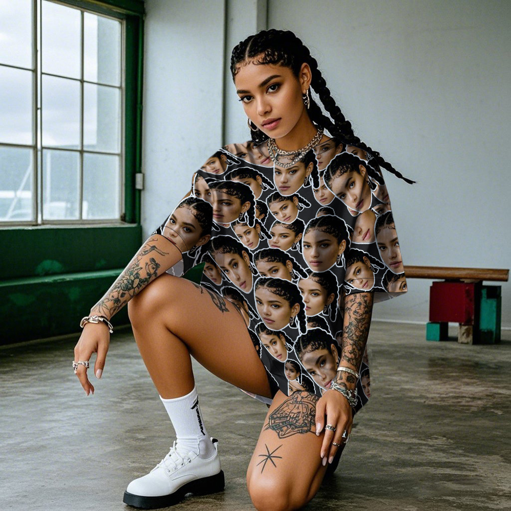 パーソナライズされたマッシュフェイス写真ヴィンテージtシャツバレンタインデーテーマ恋人のための黒のtシャツ - FaceBoxer