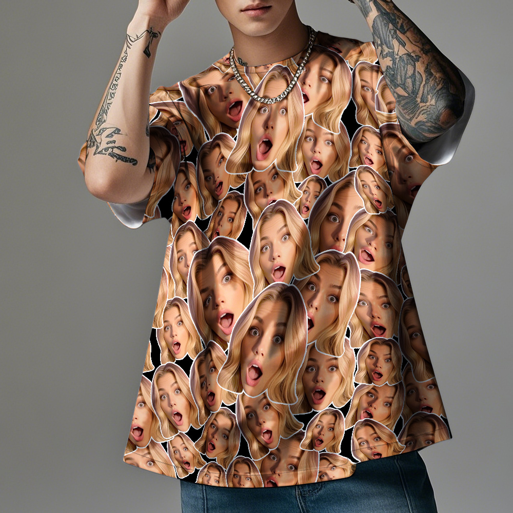 パーソナライズされたマッシュフェイス写真ヴィンテージtシャツバレンタインデーテーマ恋人のための黒のtシャツ - FaceBoxer