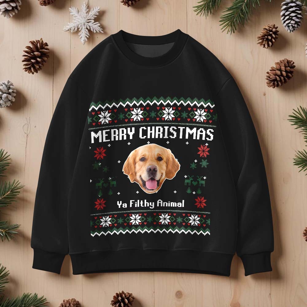 カスタム ペット フェイス ラウンド ネック パーカー ペット愛好家のためのパーソナライズされた写真醜いクリスマス スウェットシャツ - FaceBoxer