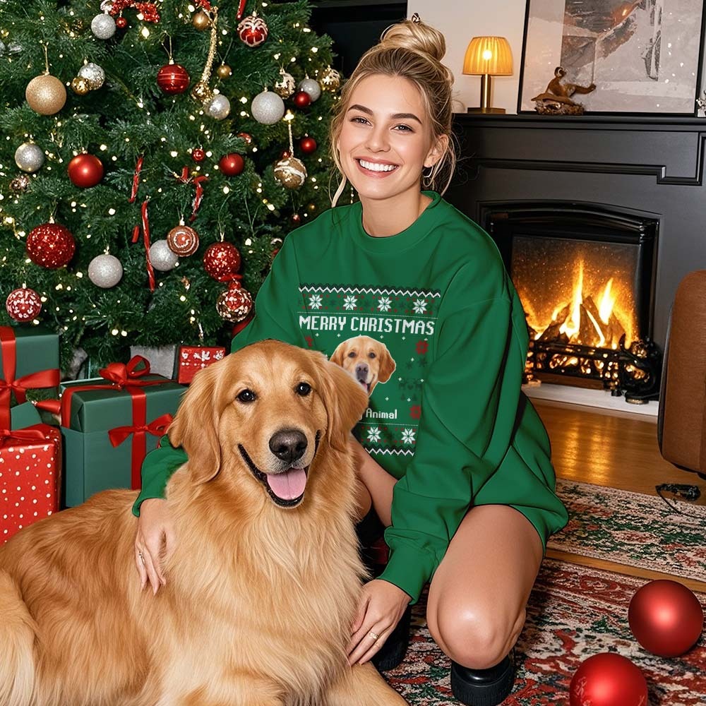 カスタム ペット フェイス ラウンド ネック パーカー ペット愛好家のためのパーソナライズされた写真醜いクリスマス スウェットシャツ - FaceBoxer