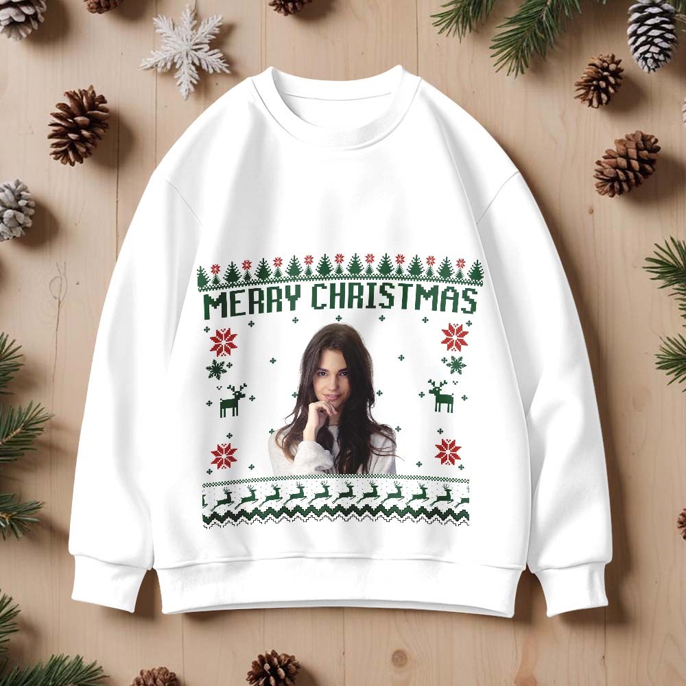 カスタム写真ラウンドネックパーカーパーソナライズされた醜いクリスマストレーナーメリークリスマス - FaceBoxer