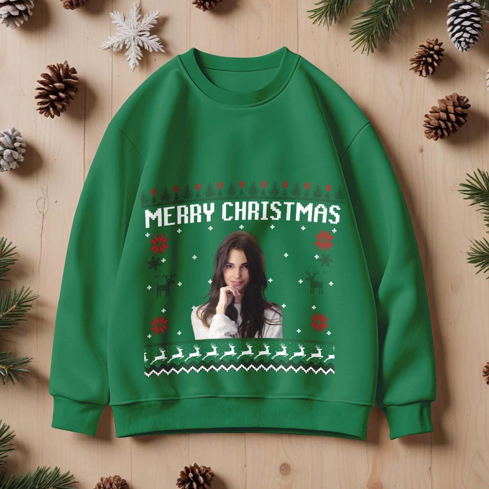 カスタム写真ラウンドネックパーカーパーソナライズされた醜いクリスマストレーナーメリークリスマス - FaceBoxer