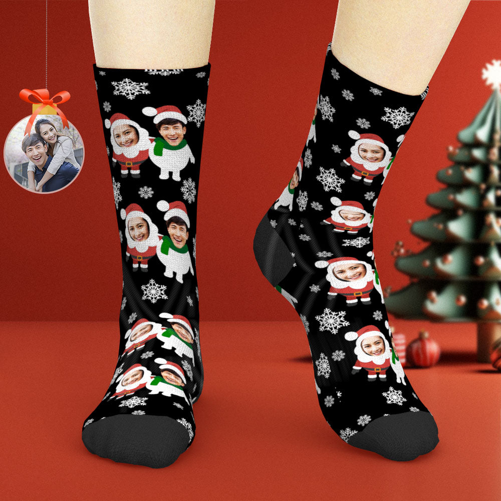 カスタムフェイスソックス-2つの顔の写真入れ可能な雪柄のオリジナル靴下プレゼント-可愛いサンタと雪だるま