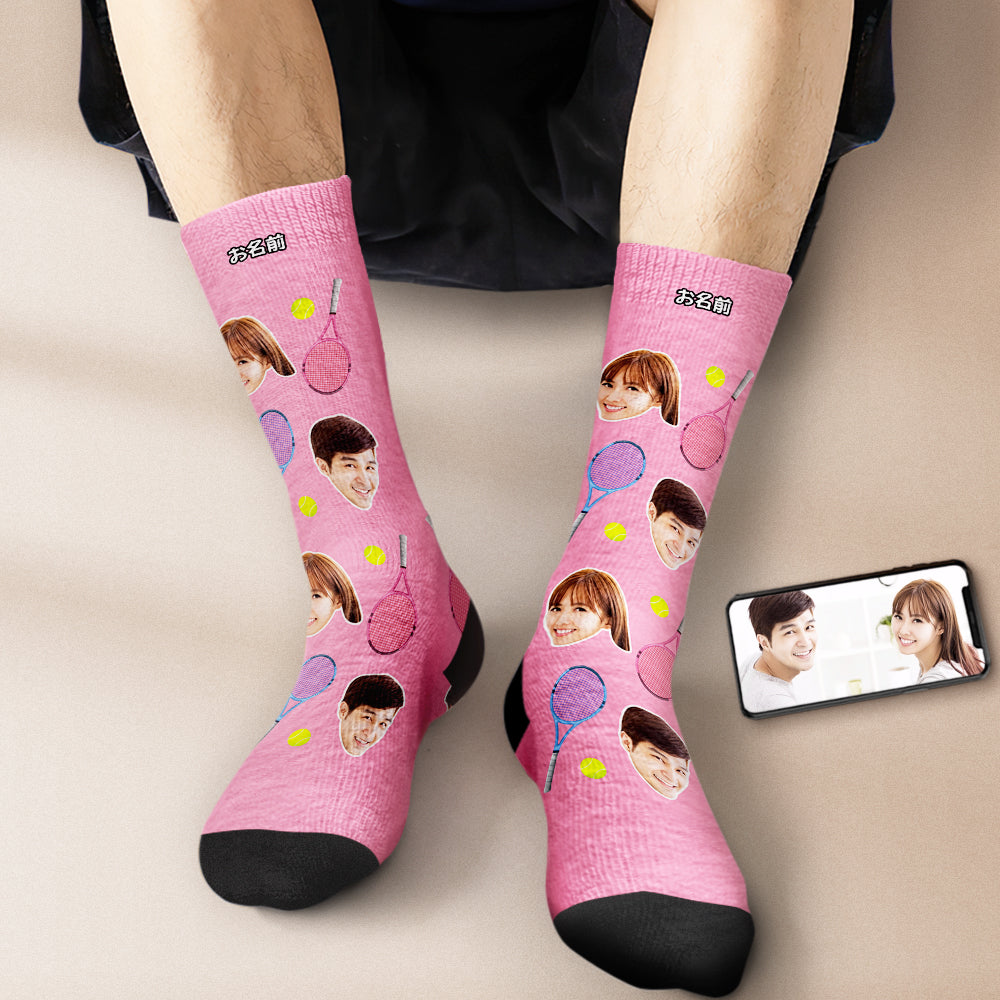 カスタムフェイスソックス-写真入り名入れ可能なテニスラケットとボール柄のオリジナル靴下プレゼント