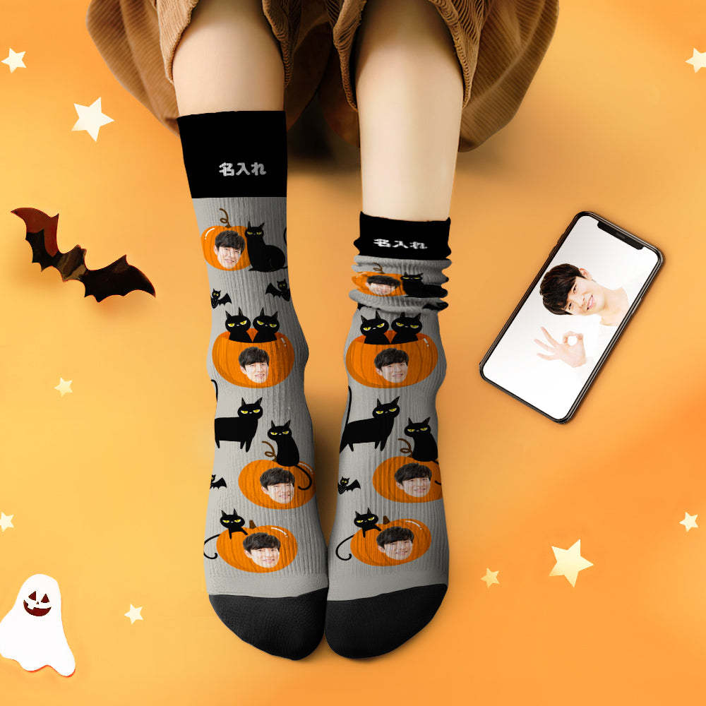 カスタムフェイスソックス-写真入れ名入れ可能なカボチャと黒い猫柄のハロウィンオリジナル靴下プレゼント
