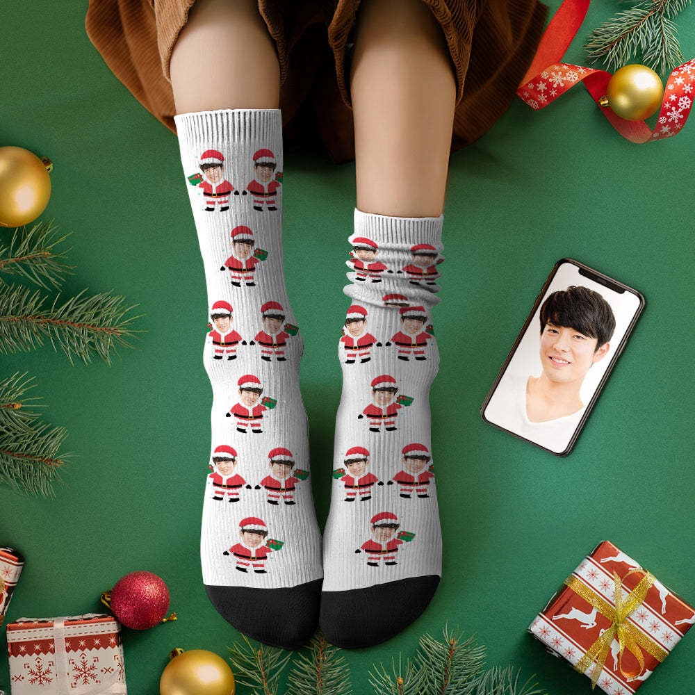 カスタムフェイスソックス-写真入れ名入れ可能なオリジナルクリスマス靴下プレゼント-かわいいサンタクロース柄