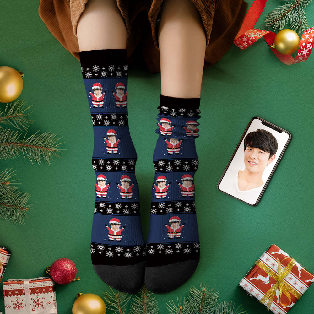 カスタムフェイスソックス-写真入れ名入れ可能なオリジナルクリスマス靴下プレゼント-雪花とサンタクロース柄