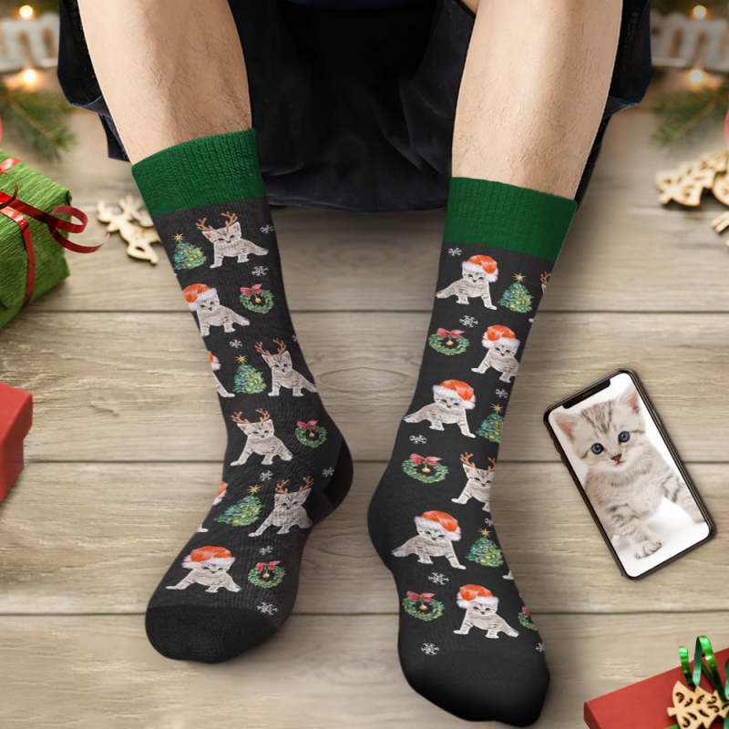 No.596 オーダーマスク　クリスマス　ハンドメイド　靴下　ねずみ　ねこ カスタムフェイスソックス-写真入れ名入れ可能なオリジナルクリスマス