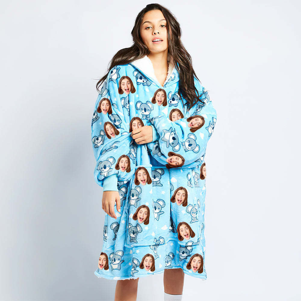 Custom Face Adult Blanket Hoodie Personalized Blanket Pajama Gift for Women Pizza - MyFaceBoxerUK