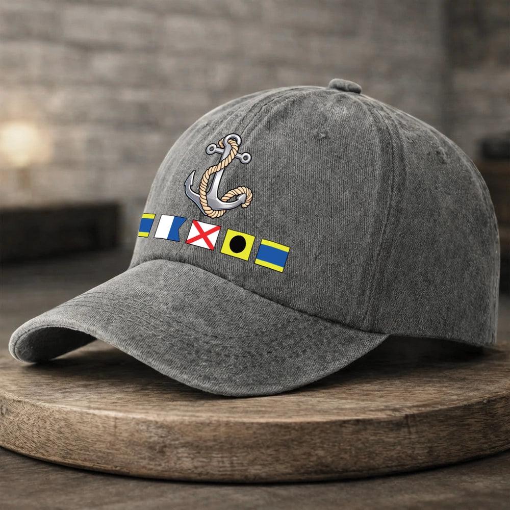 Washed Denim Baseball Cap with Boat Anchor and Nautical Flags - Coastal Style Unique Gift for Sailors and Boat Lovers - MyfaceboxerUK