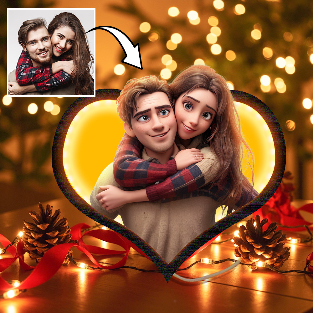 Personalized Heart Photo Cartoon Portrait Frame with LED Gift for Lover - MyFaceBoxerUK