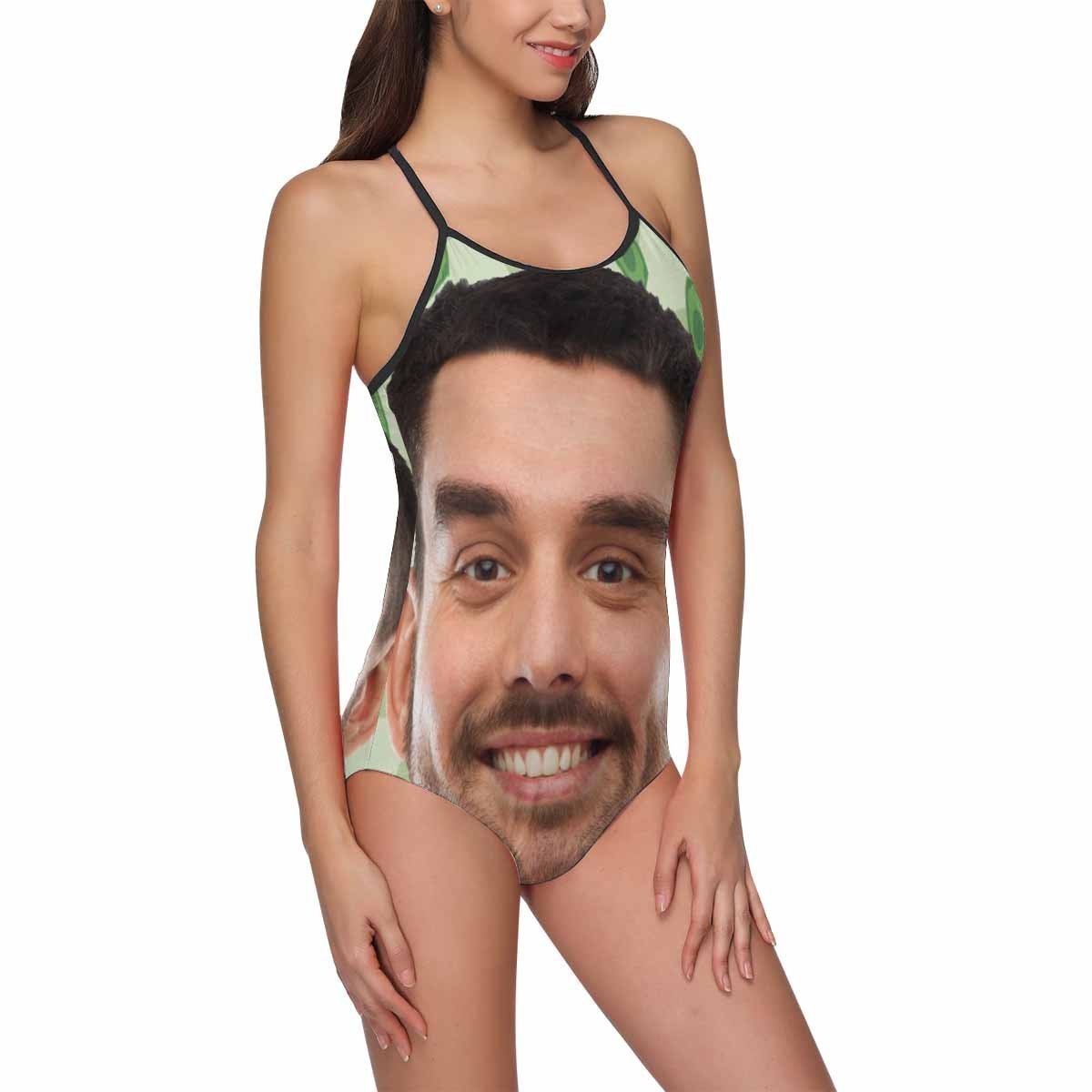 Custom Funny Face Green Background Women's Slip One Piece Swimsuit - MyFaceBoxerUK
