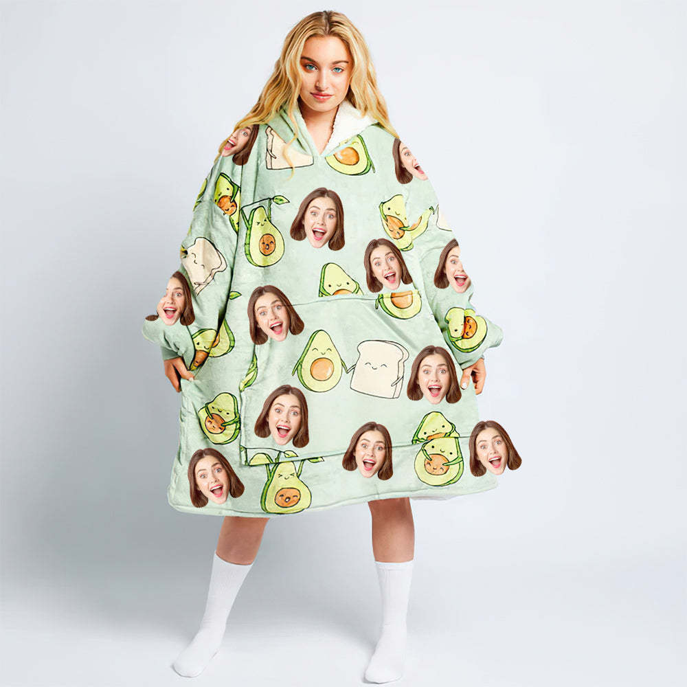 Custom Face Adult Blanket Hoodie Personalized Blanket Pajama Gift for Women Pizza - MyFaceBoxerUK
