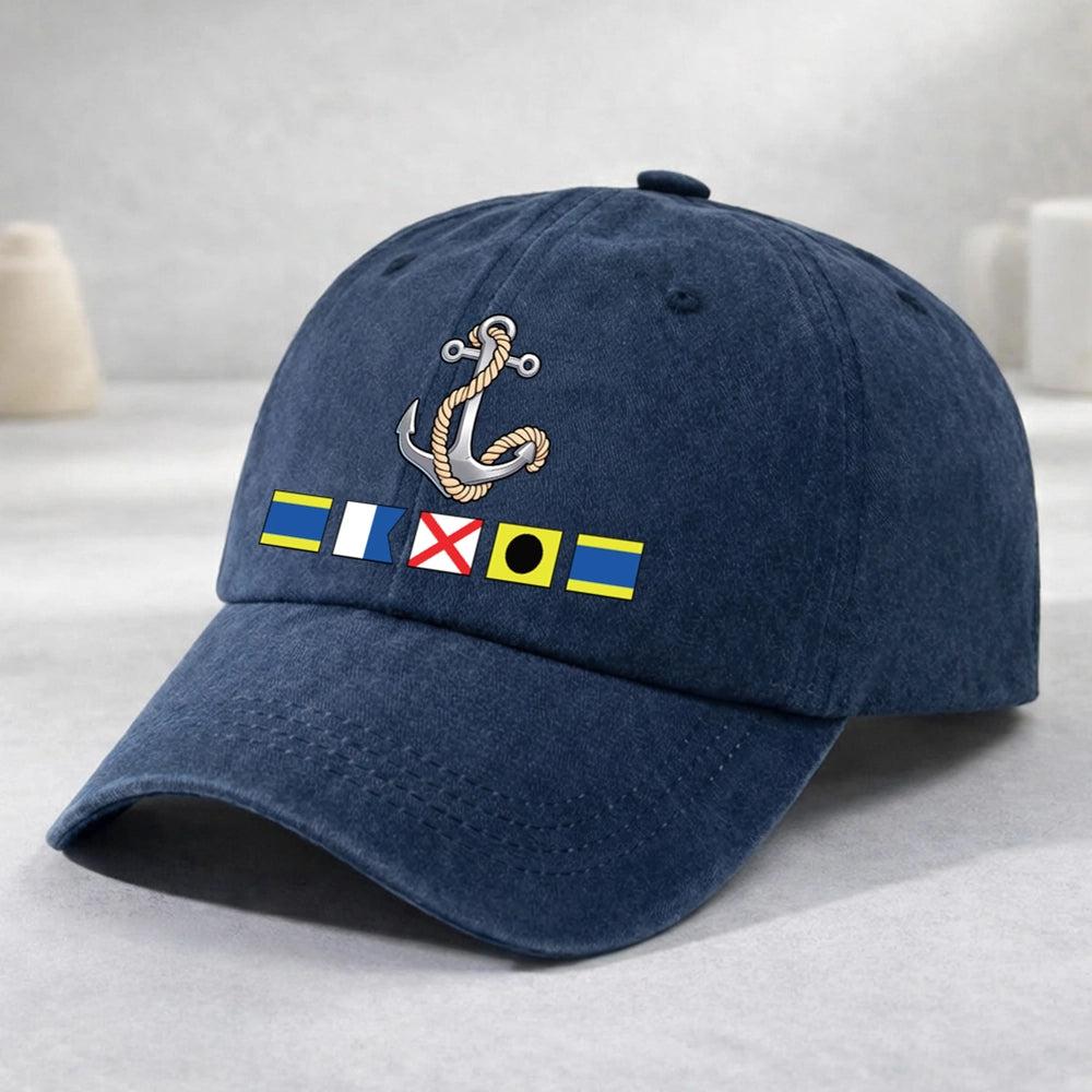 Washed Denim Baseball Cap with Boat Anchor and Nautical Flags - Coastal Style Unique Gift for Sailors and Boat Lovers - MyfaceboxerUK