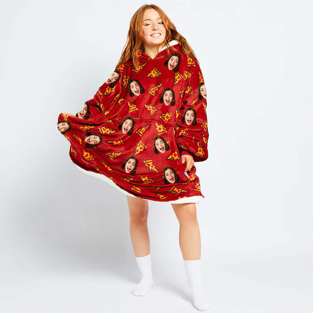 Custom Face Adult Blanket Hoodie Personalized Blanket Pajama Gift for Women Pizza - MyFaceBoxerUK
