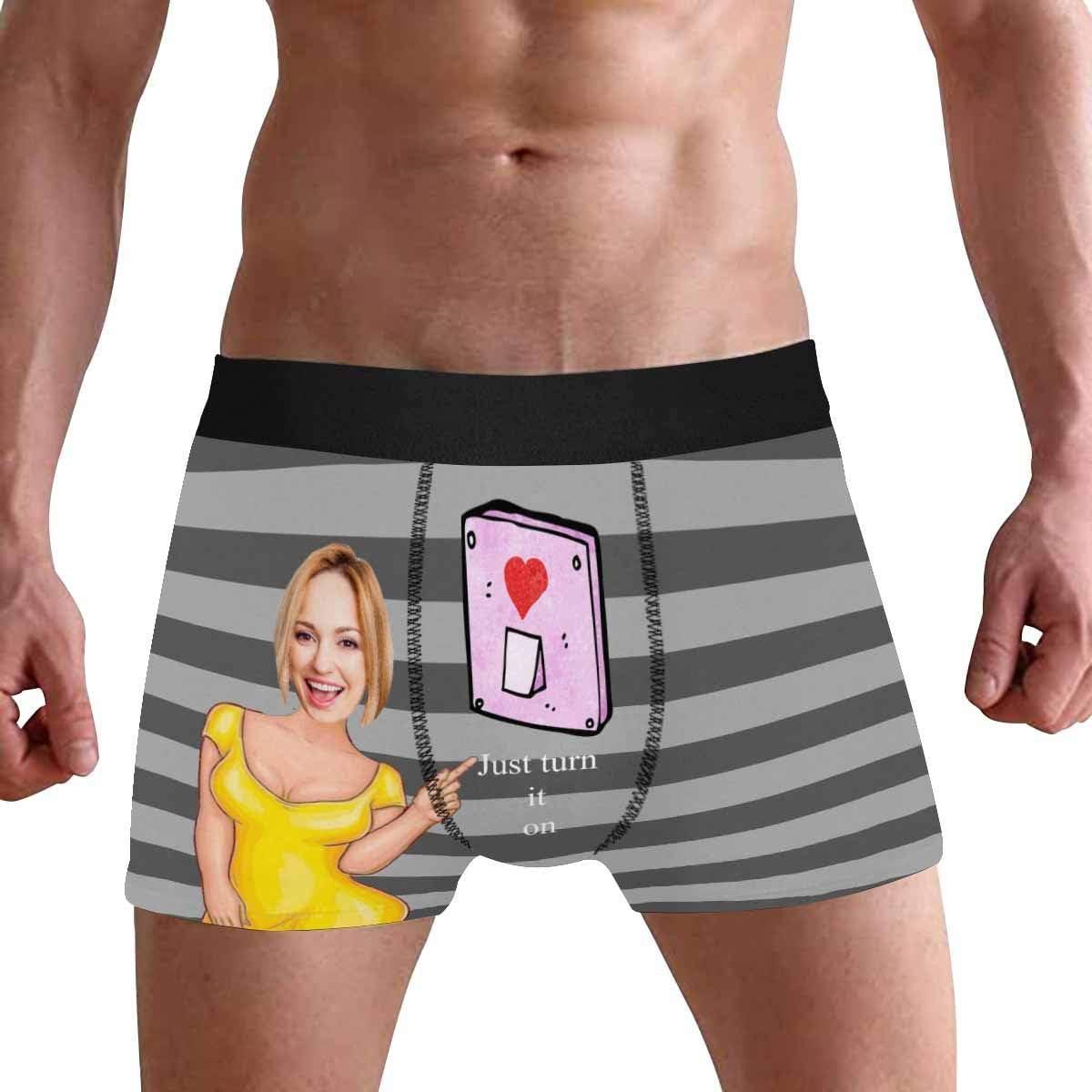 Personalized Face Men's Boxer Briefs Underwear Shorts Underpants with Photo Just Turn It On All Gray Stripe