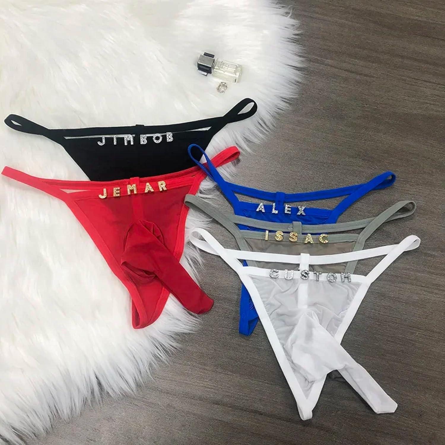 Men'S Low Rise G-String Thong Personalized Name Letter Diy Rhinestone Thong String For Men, Mesh Bulge Pouch U
