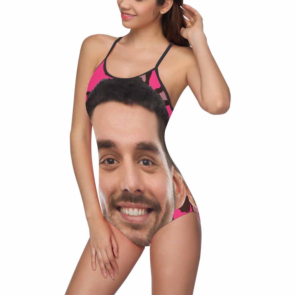 Custom Face Pink Background Funny Women's Slip One Piece Swimsuit - MyFaceBoxerUK