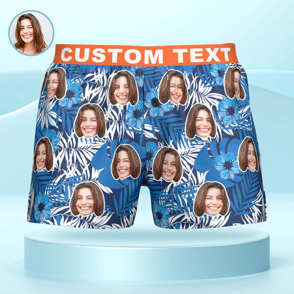 Custom Face Leaves and Flowers Print Boxer Shorts Personalized Waistband Casual Underwear for Him - MyFaceBoxerUK