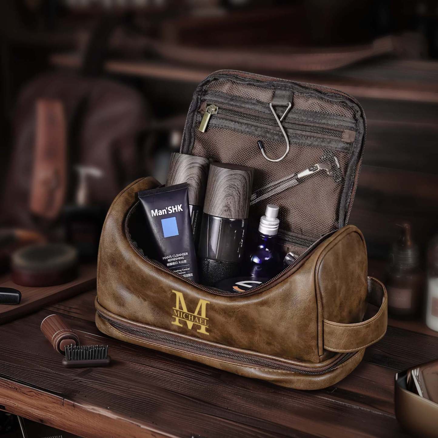 Custom Men's Leather Toiletry Bag Personalized Name Unique Gift for Dad - MyFaceBoxerUK