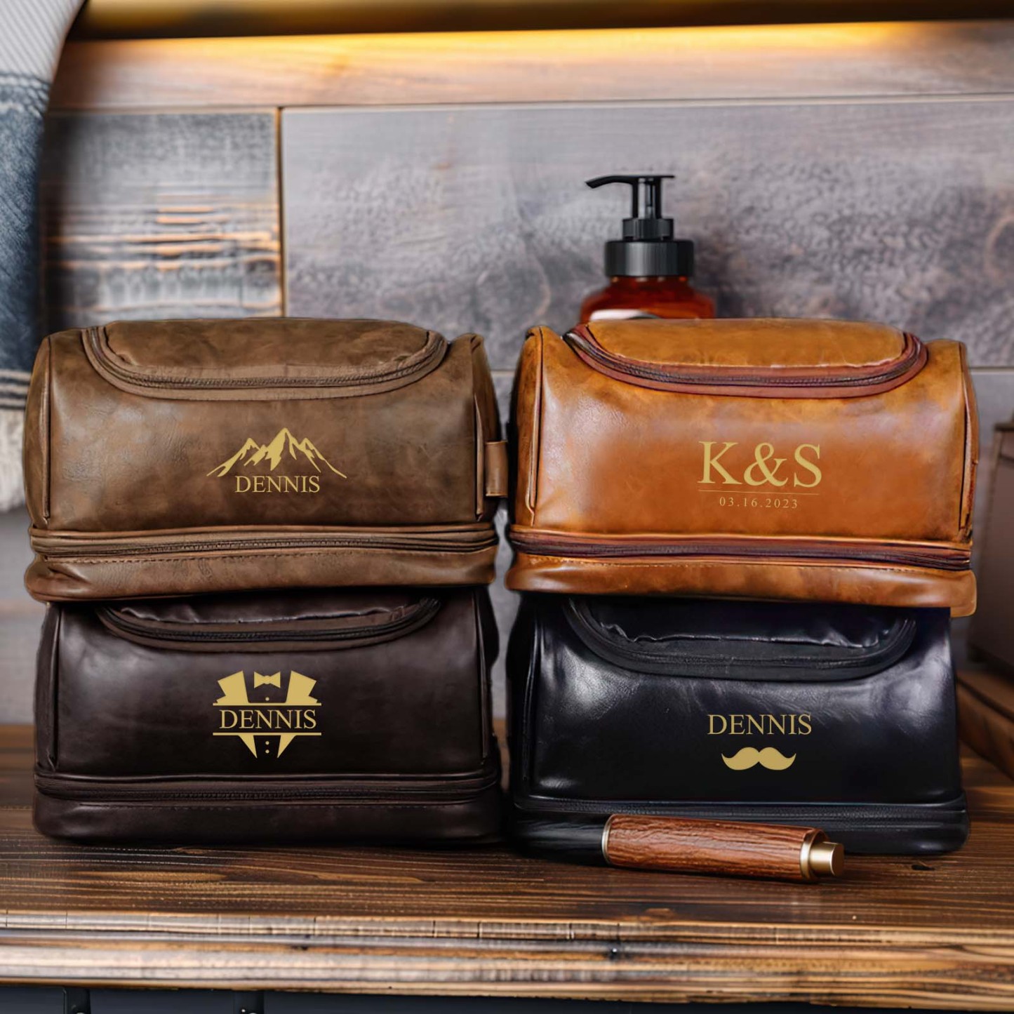 Custom Men's Leather Toiletry Bag Personalized Name Unique Gift for Dad - MyFaceBoxerUK
