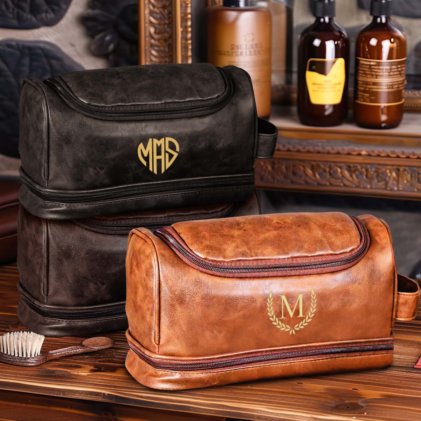 Custom Men's Leather Toiletry Bag Personalized Name Unique Gift for Dad - MyFaceBoxerUK