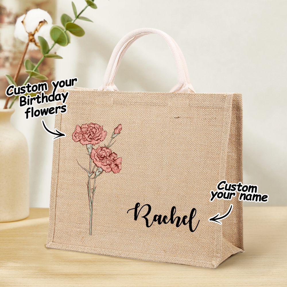 Personalized Birth Flower Beach Jute Tote Bag with Name Birthday Wedding Party Gifts for Her	 - MyFaceBoxerUK