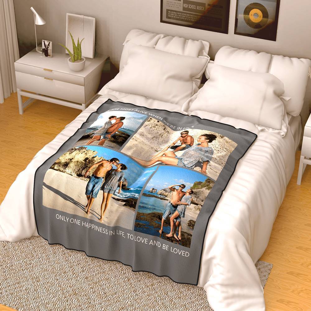 Personalised Photo Blanket Fleece with Text - 4 Photos - MyFaceBoxerUK