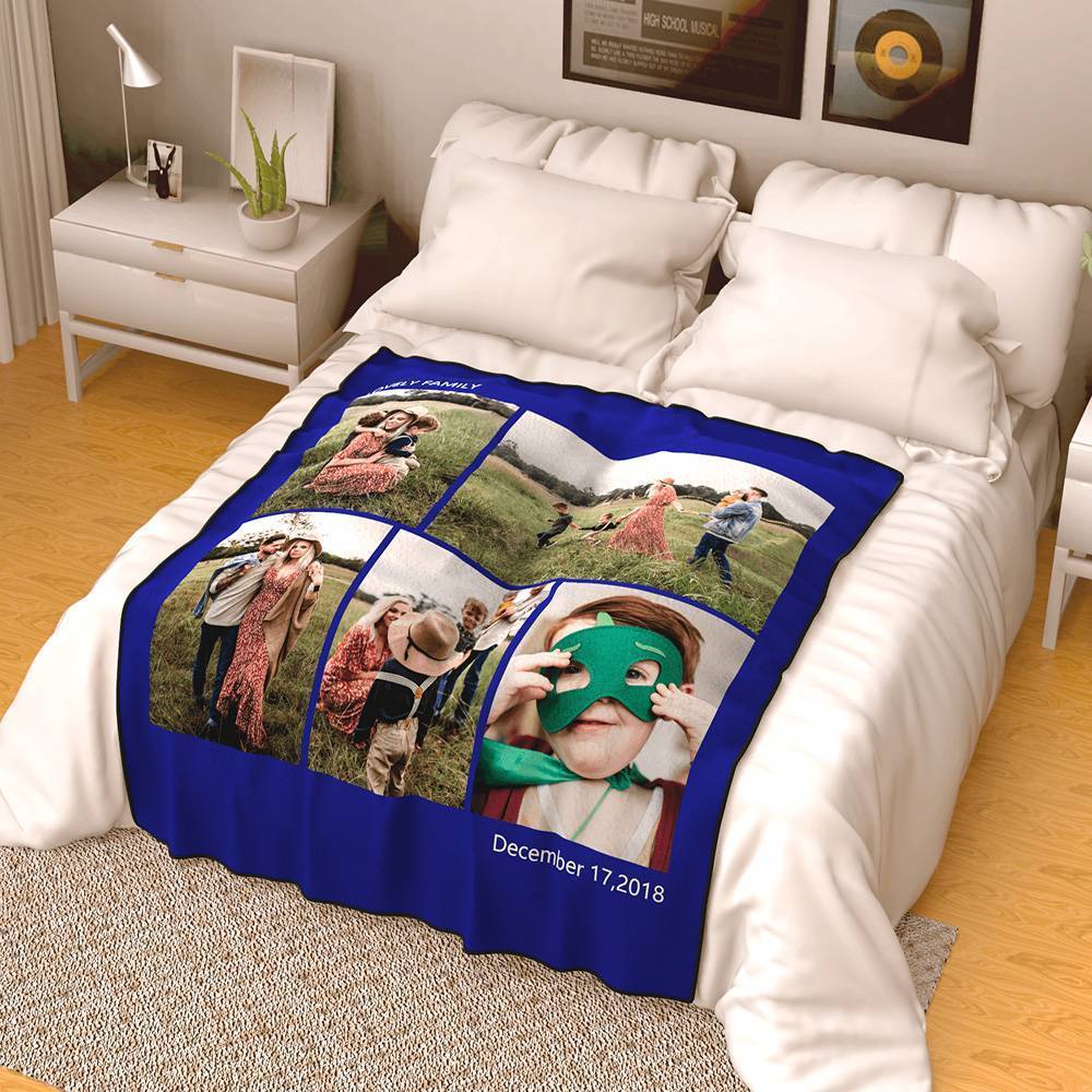 Personalised Photo Blanket Fleece with Text - 5 Photos - MyFaceBoxerUK
