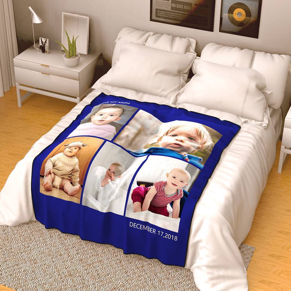 Personalised Photo Blanket Fleece with Text - 5 Photos - MyFaceBoxerUK