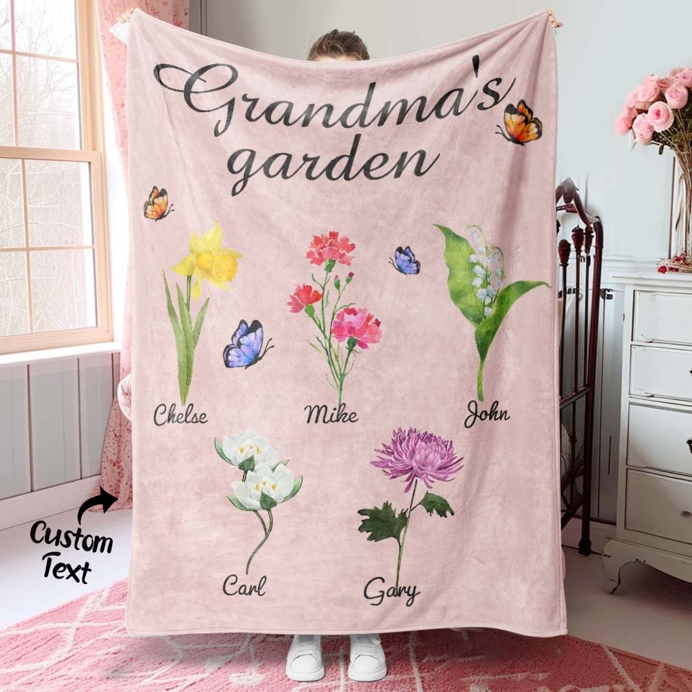 Custom Birth Month Flower Blanket Grandma's Garden Children's Names Meaningful Gifts For Mom - MyFaceBoxerUK