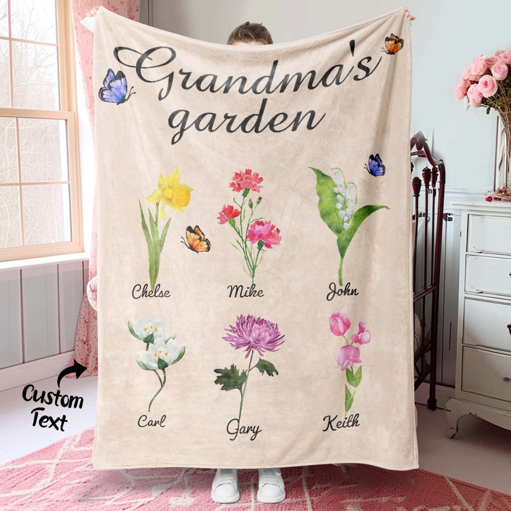 Custom Birth Month Flower Blanket Grandma's Garden Children's Names Meaningful Gifts For Mom - MyFaceBoxerUK