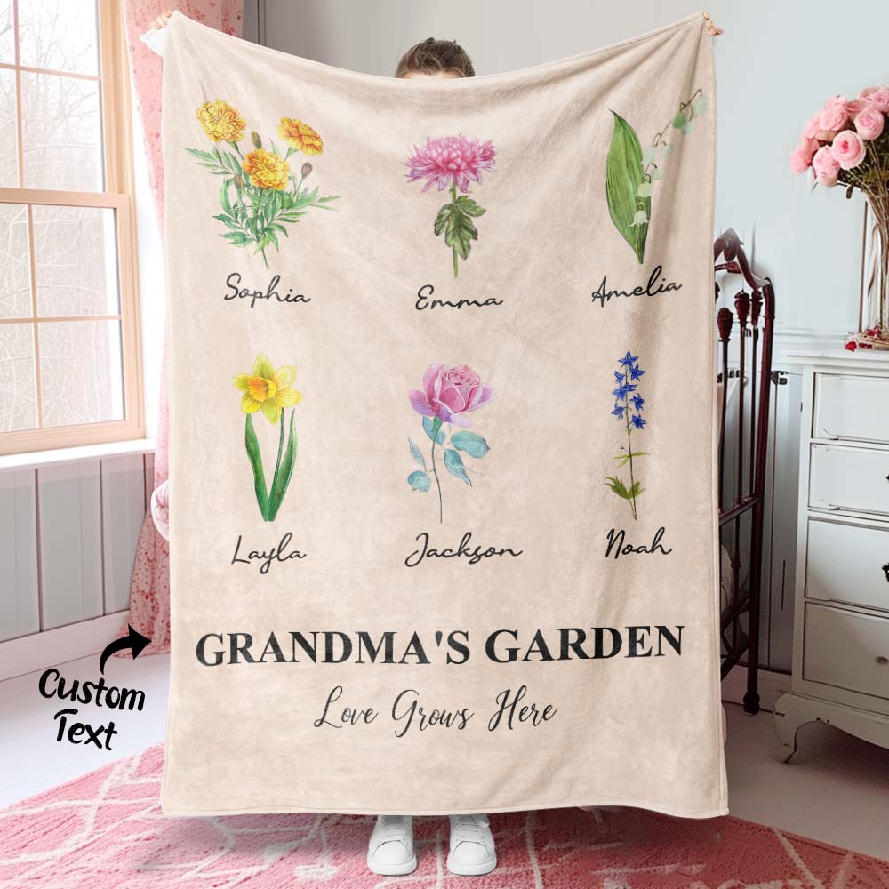 Custom Birth Month Flower Blanket With 1-8 Names Thoughtful Gift For Mother Grandma