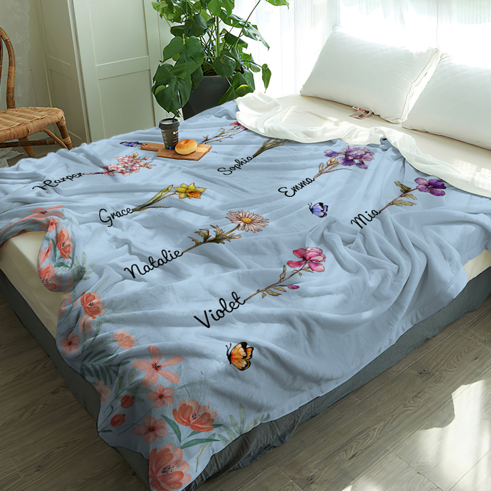 Personalized Grandma Mommy Garden Blanket Custom Birth Month Flower Blanket Warm Gift For Mom