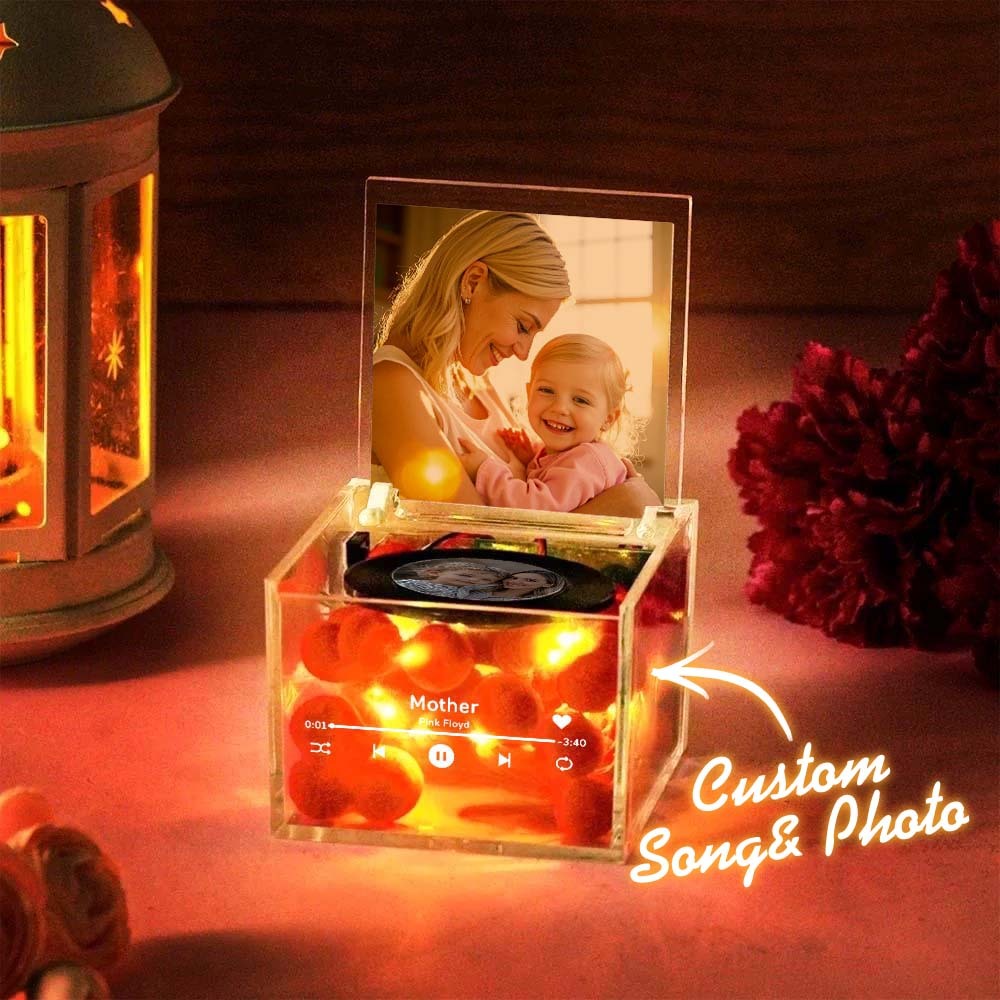 Custom Linear Art Cover Personalised Mini Vinyl Record Player For Mother`s Day Custom Acrylic Box Gift For Mum - MyFaceBoxerUK