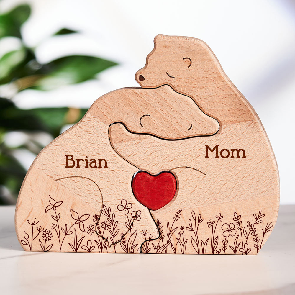 Mother's Day Gifts Hugging Bear Family Floral Version - Personalized Wooden Bear Family Puzzle