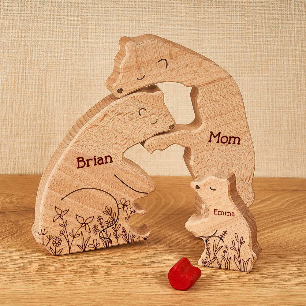 Mother's Day Gifts Hugging Bear Family Floral Version - Personalized Wooden Bear Family Puzzle