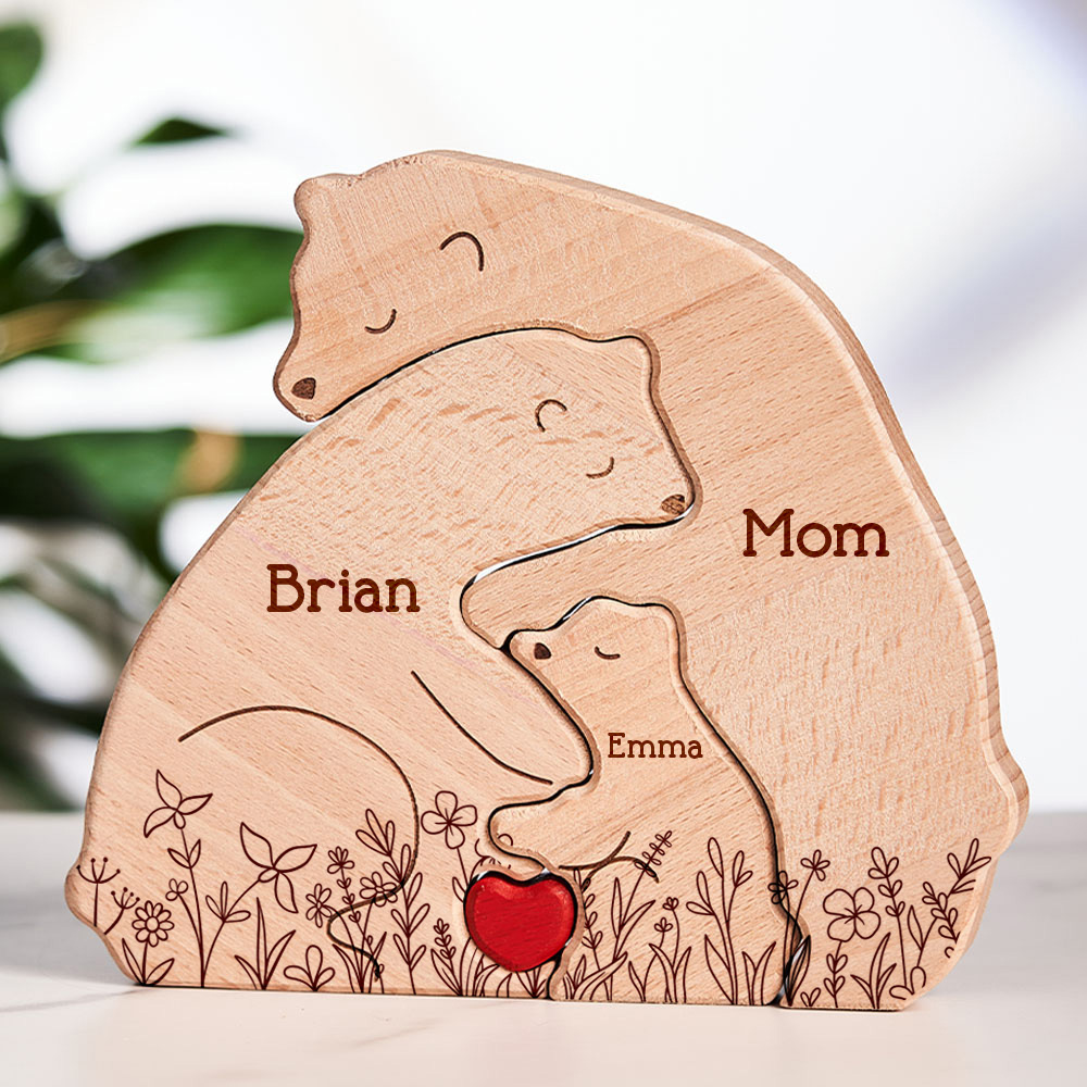 Mother's Day Gifts Hugging Bear Family Floral Personalised Wooden Bear Family Puzzle for Mum