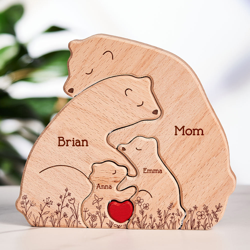 Mother's Day Gifts Hugging Bear Family Floral Version - Personalized Wooden Bear Family Puzzle